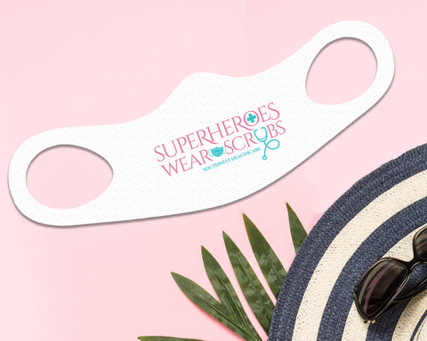 Image of Superheroes Face Mask Fitted Sublimation All Over Print - White