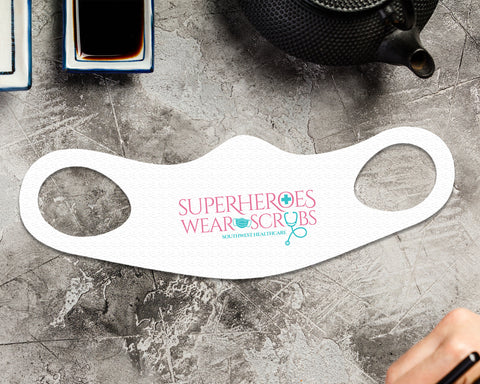Image of Superheroes Face Mask Fitted Sublimation All Over Print - White