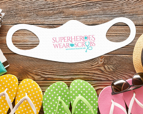 Image of Superheroes Face Mask Fitted Sublimation All Over Print - White