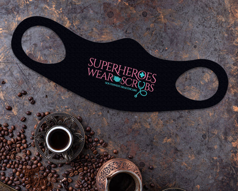 Image of Superheroes Face Mask Fitted Sublimation All Over Print - Black