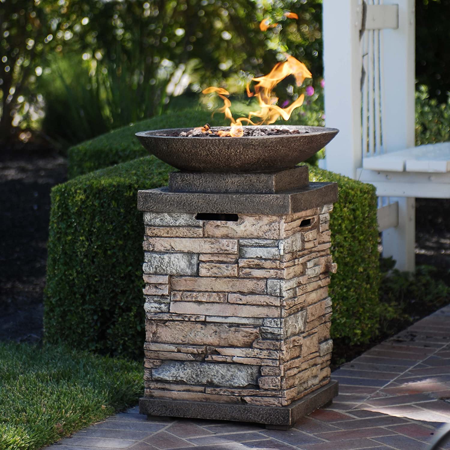 Propane Outdoor Firepit Firebowl Column Realistic Look Heater with Lava Rock 40,000 BTU Outdoor Gas Fire Pit Circular, Perfect for Patio, Deck or Lawn