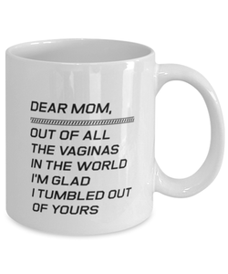 Funny Mom Mug, Dear Mom, Out Of All The Vaginas In The World, Sarcasm Birthday Gift For Mother From Son Daughter, Mommy Christmas Gift