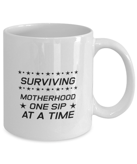 Funny Mom Mug, Surviving Motherhood One Sip At A Time, Sarcasm Birthday Gift For Mother From Son Daughter, Mommy Christmas Gift