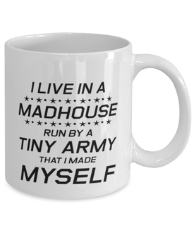 Funny Mom Mug, I Live In A Madhouse Run By A Tiny Army, Sarcasm Birthday Gift For Mother From Son Daughter, Mommy Christmas Gift