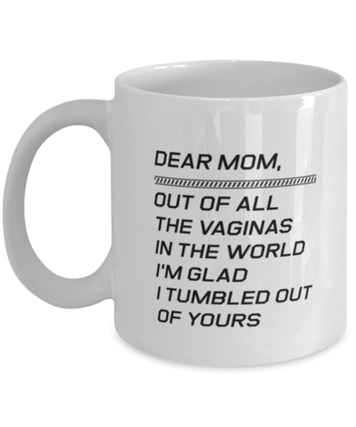 Image of Funny Mom Mug, Dear Mom, Out Of All The Vaginas In The World, Sarcasm Birthday Gift For Mother From Son Daughter, Mommy Christmas Gift