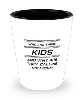Funny Mom Shot Glass, Who Are These Kids And Why Are They Calling Me Mom?, Sarcasm Birthday Gift For Mother From Son Daughter, Mommy Christmas Gift