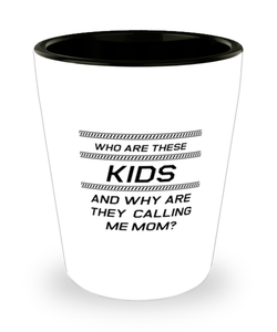 Funny Mom Shot Glass, Who Are These Kids And Why Are They Calling Me Mom?, Sarcasm Birthday Gift For Mother From Son Daughter, Mommy Christmas Gift