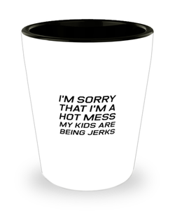 Funny Mom Shot Glass, I'm Sorry That I'm A Hot Mess My Kids, Sarcasm Birthday Gift For Mother From Son Daughter, Mommy Christmas Gift