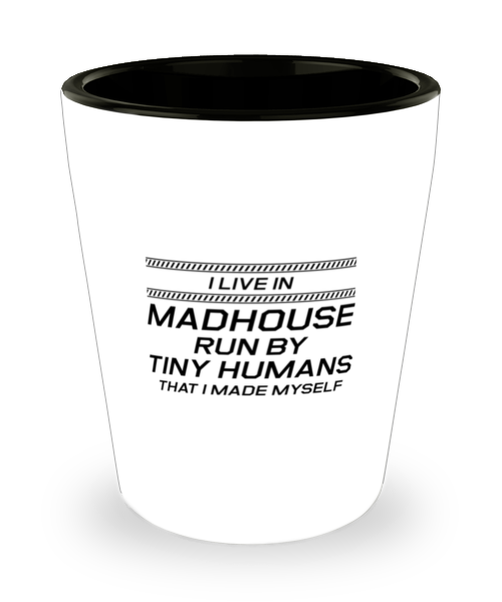 Funny Mom Shot Glass, I Live In Madhouse Run By Tiny Humans, Sarcasm Birthday Gift For Mother From Son Daughter, Mommy Christmas Gift