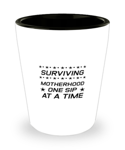 Funny Mom Shot Glass, Surviving Motherhood One Sip At A Time, Sarcasm Birthday Gift For Mother From Son Daughter, Mommy Christmas Gift