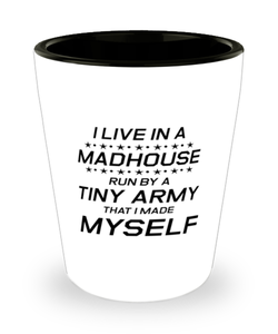 Funny Mom Shot Glass, I Live In A Madhouse Run By A Tiny Army, Sarcasm Birthday Gift For Mother From Son Daughter, Mommy Christmas Gift