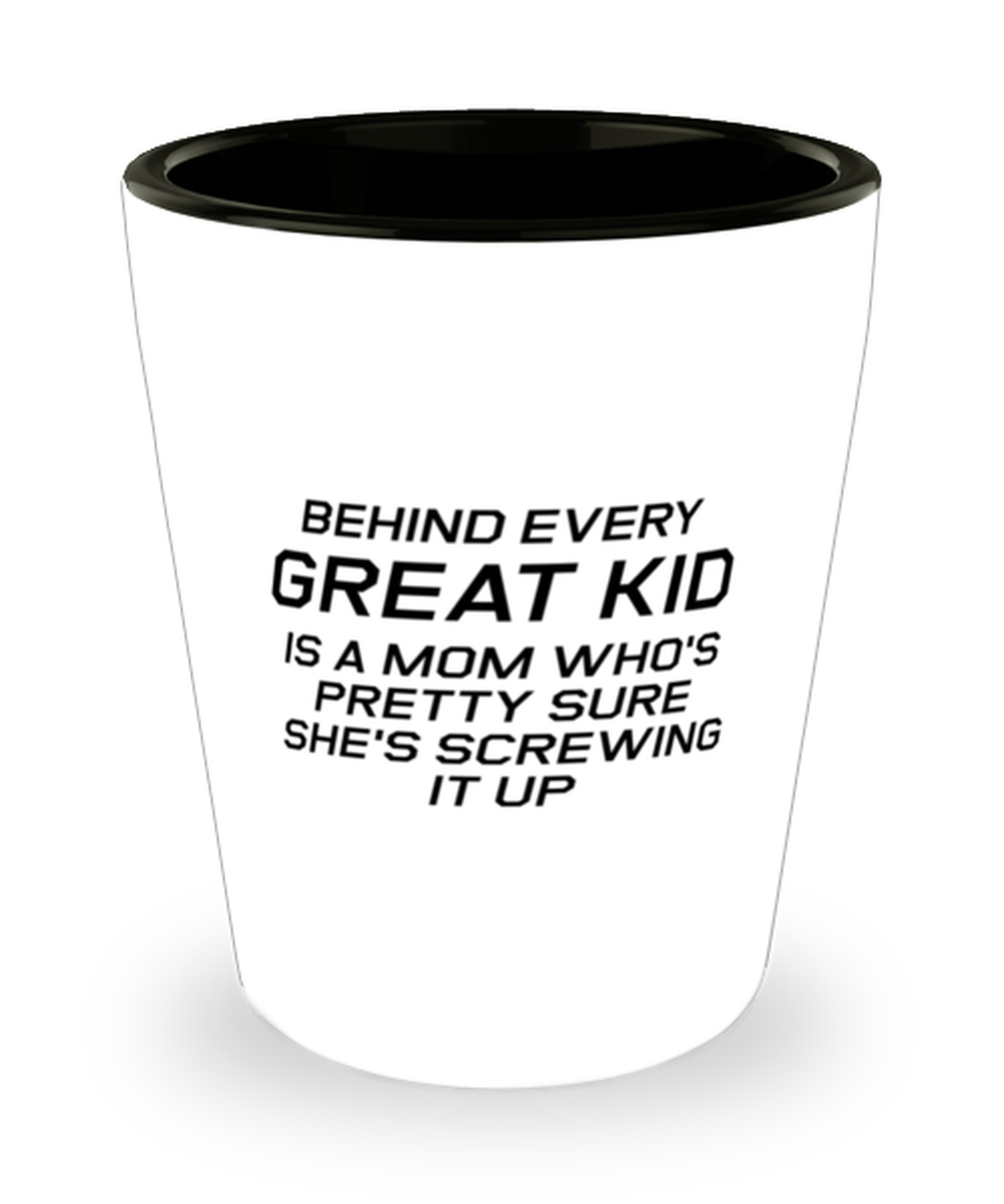 Funny Mom Shot Glass, Behind Every Great Kid Is A Mom Who's Pretty Sure, Sarcasm Birthday Gift For Mother From Son Daughter, Mommy Christmas Gift